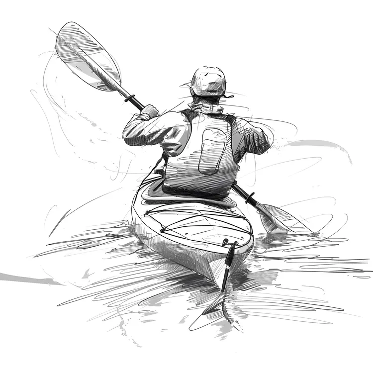 Black and White Sketch of Person Kayaking