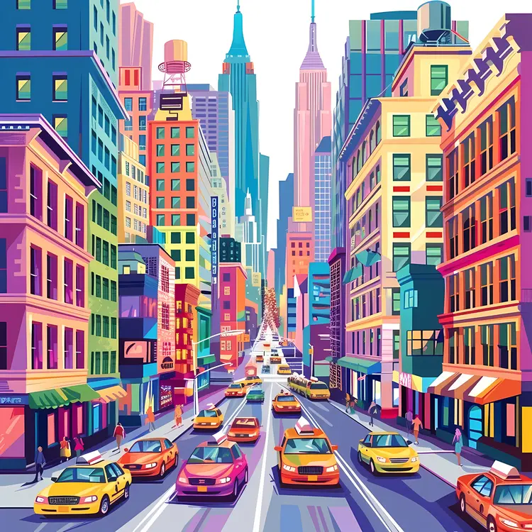 Colorful City Street with Buildings and Cars