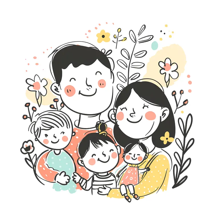 Happy Cartoon Family with Flowers