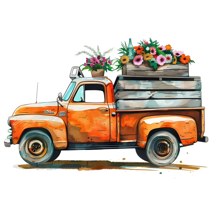 Vintage Orange Truck with Flowers and Wooden Crate