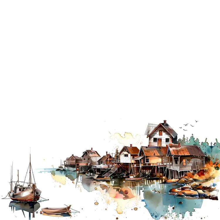 Watercolor Village with Boats