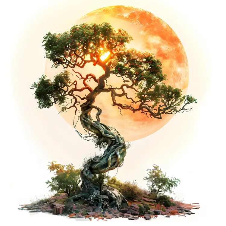 Twisted Tree with Glowing Sun