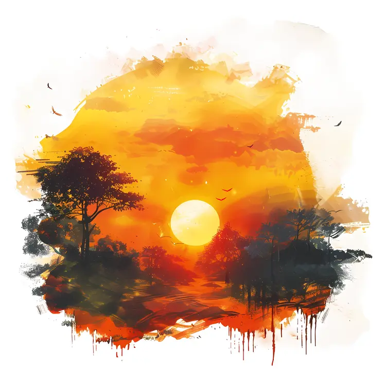 Beautiful Sunset Painting with Trees