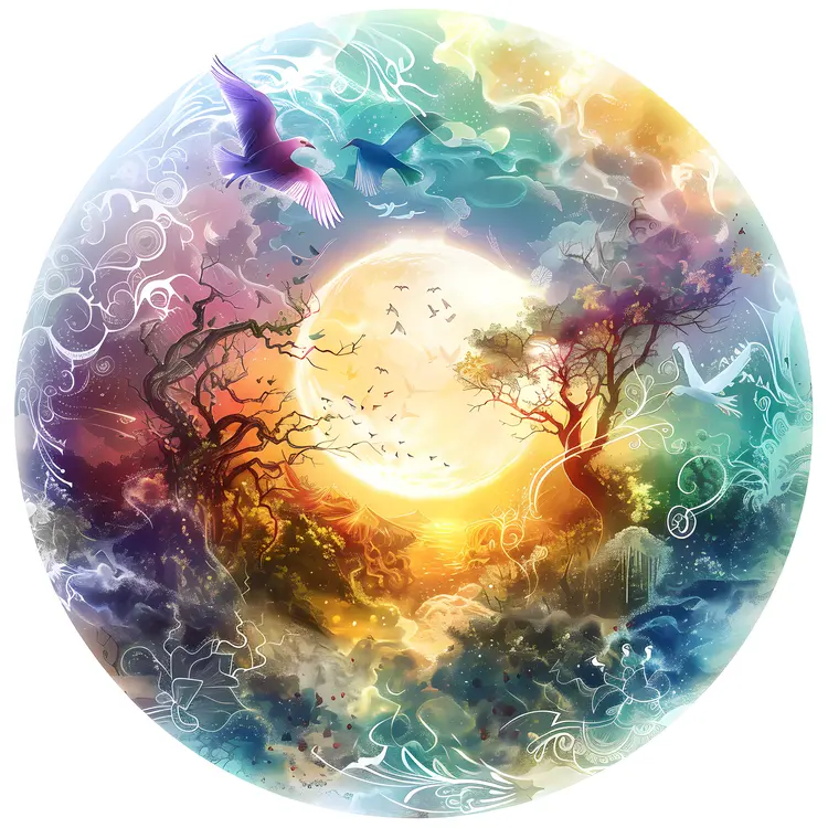Colorful Planet with Birds and Sun