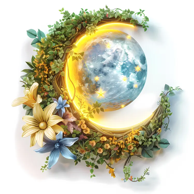Moon Surrounded by Flowers and Stars