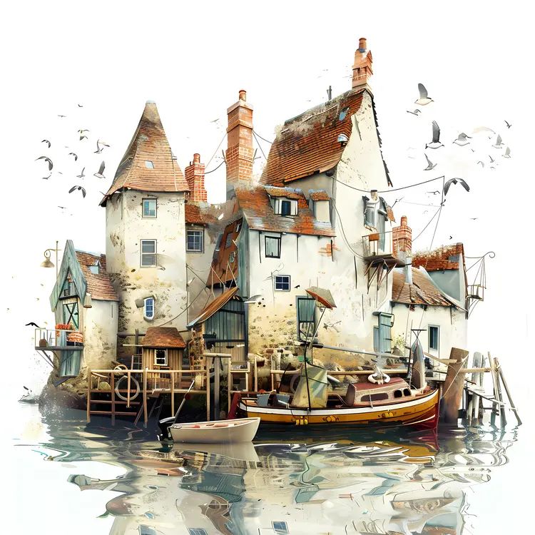 Seaside House with Boats and Birds