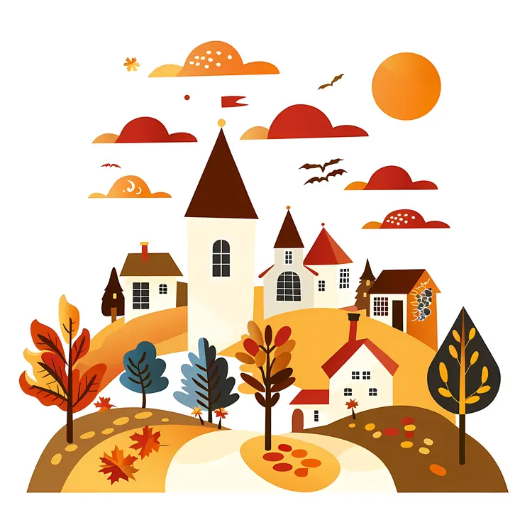 Autumn Village with Colorful Trees