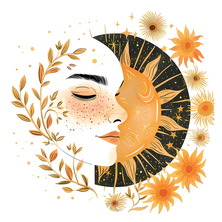 Artistic Woman with Sun and Floral Elements