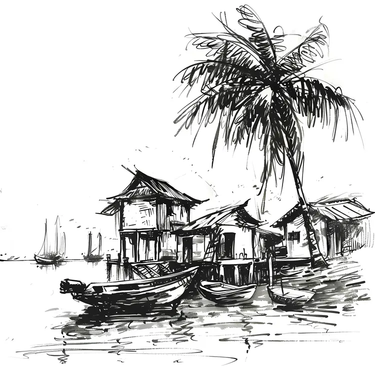 Sketch of Seaside Houses with Boats