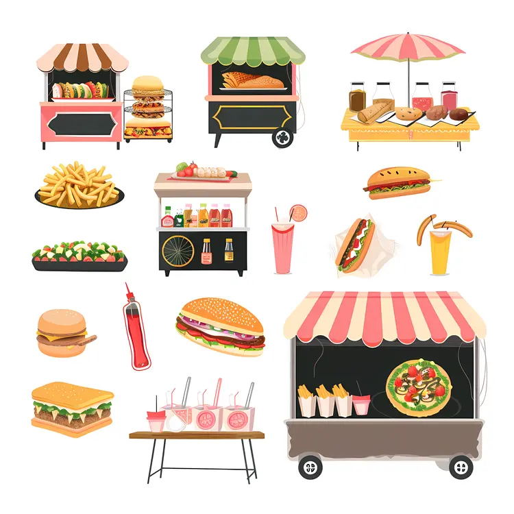 Colorful Street Food Stalls with Various Snacks