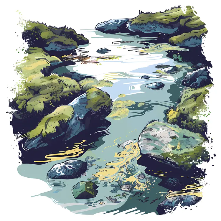 Mountain Stream with Rocks and Greenery
