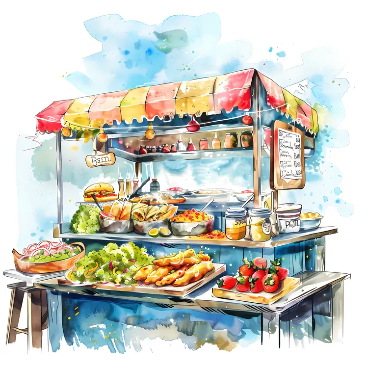 Colorful Food Stall with Various Dishes