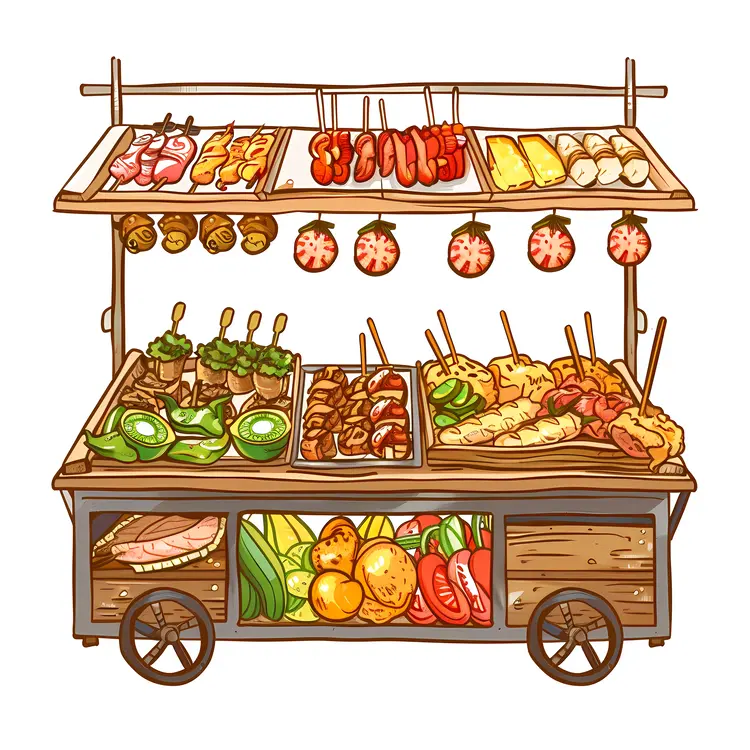 Street Food Cart with Various Snacks