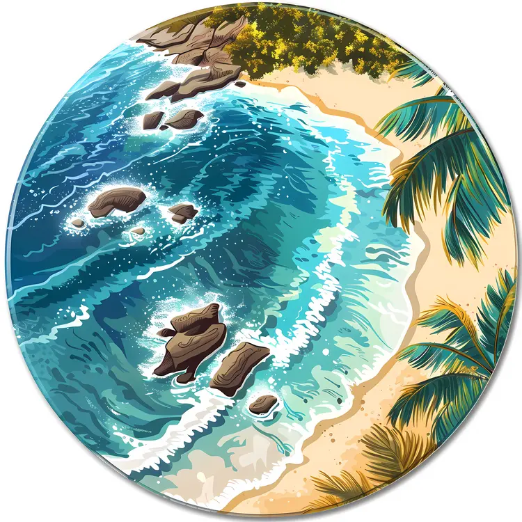 Tropical Beach with Palm Trees and Ocean Waves
