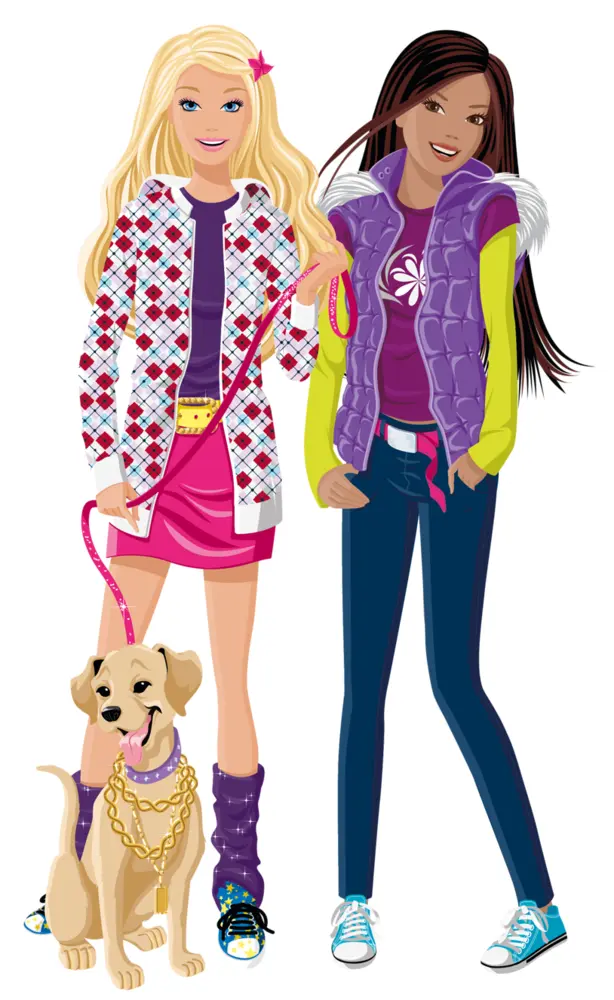 Two Girls Walking Dog