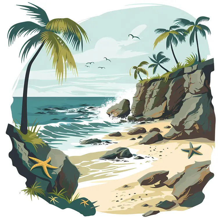 Tropical Beach with Palm Trees and Rocky Shore