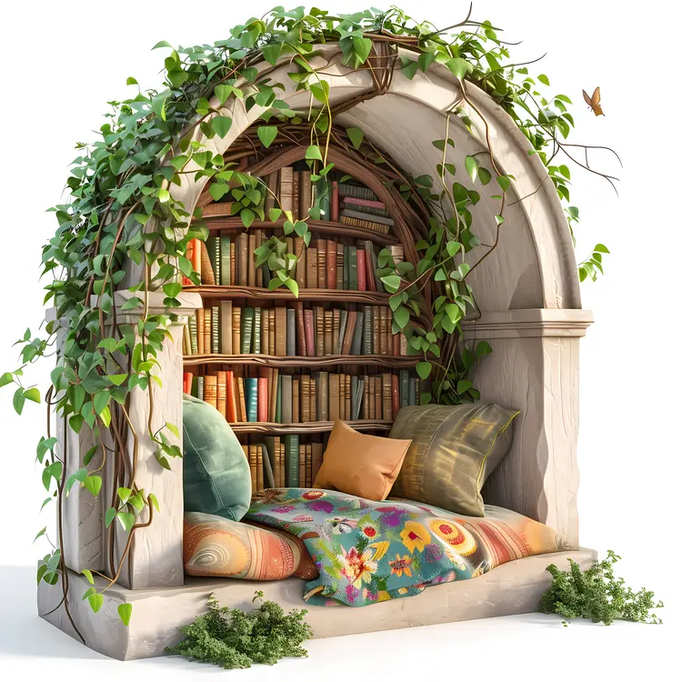 Arched Reading Nook with Books and Plants