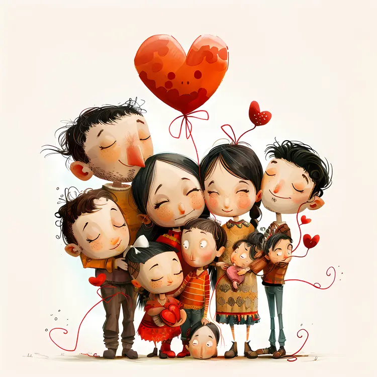 Cartoon Family with Heart Balloons