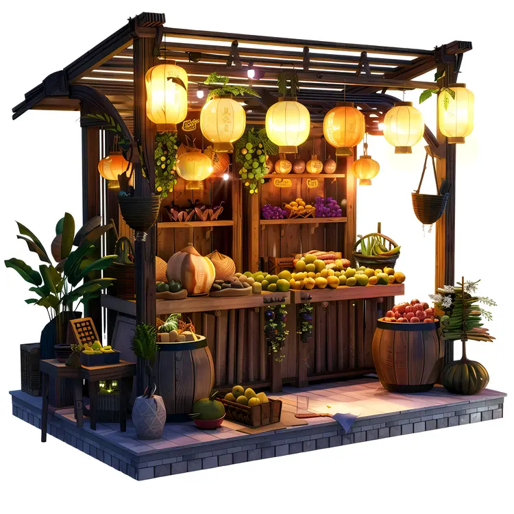 Fruit and Vegetable Stall with Lanterns