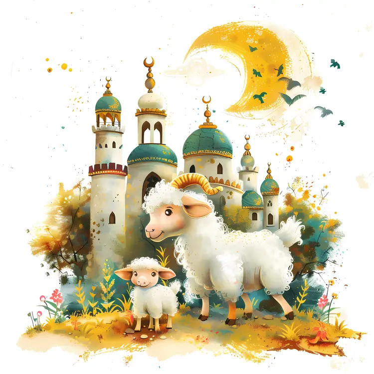 Cute Sheep and Mosque with Crescent Moon