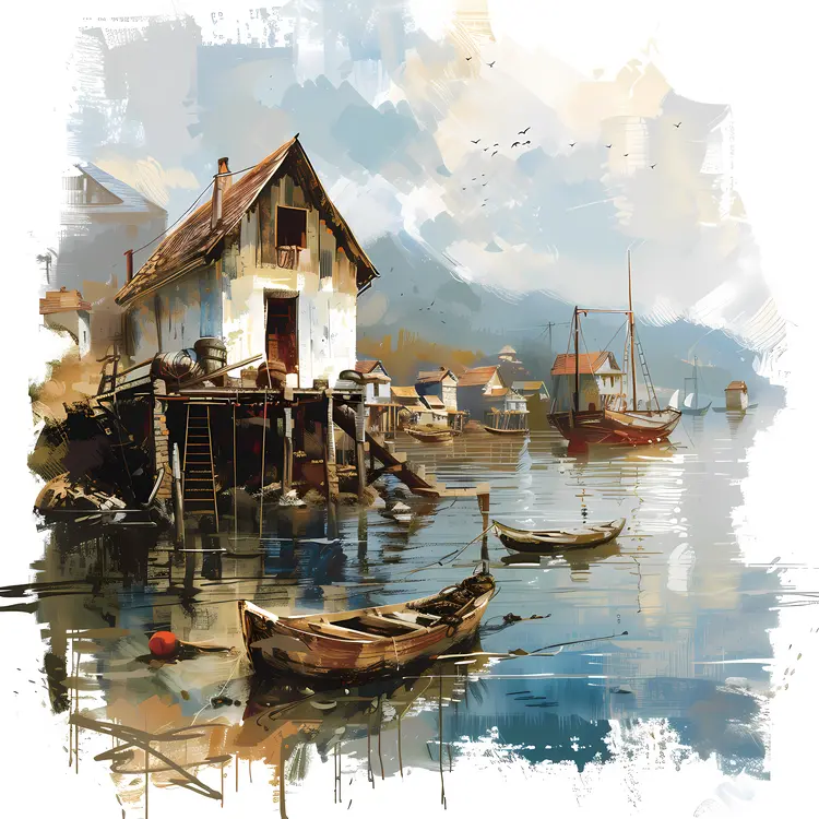 Seaside House with Boats and Water