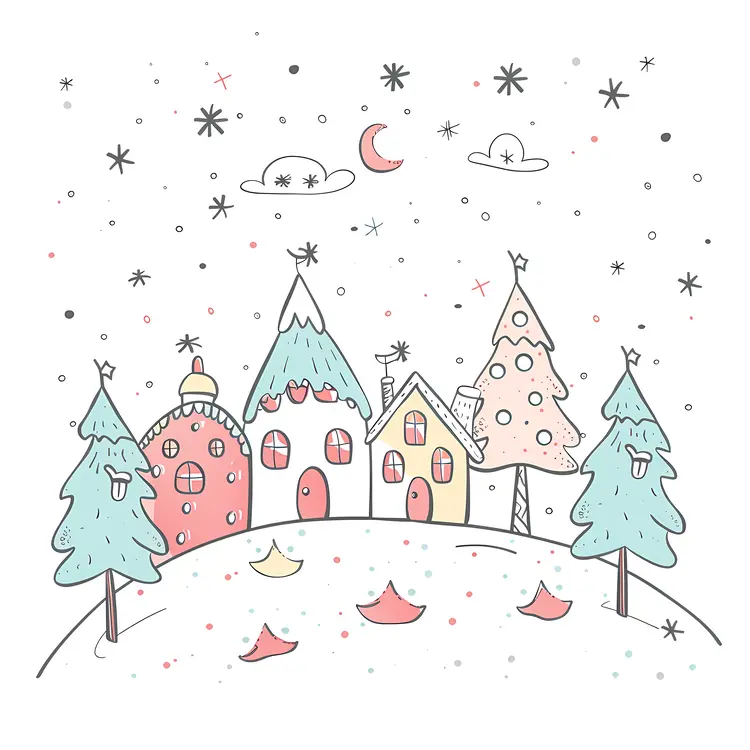 Cute doodle houses in winter scene