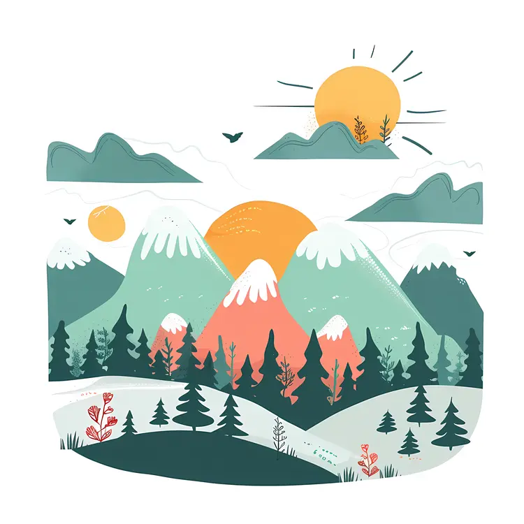 Colorful Mountain Landscape with Sun