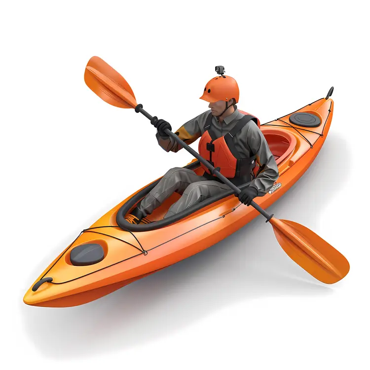 Kayaker in Orange Kayak with Helmet