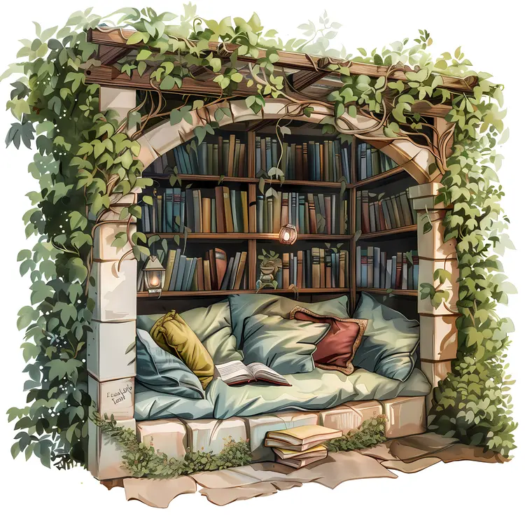 Arched Library with Cushions and Books