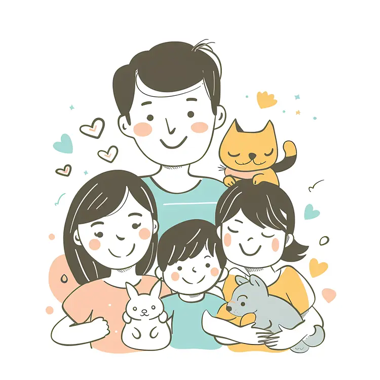 Happy Cartoon Family with Pets