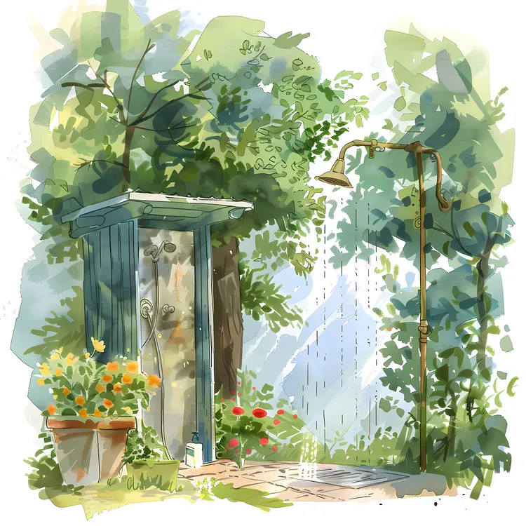 Refreshing Outdoor Shower in a Lush Garden