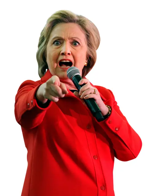 Blonde Woman in Red Outfit Pointing