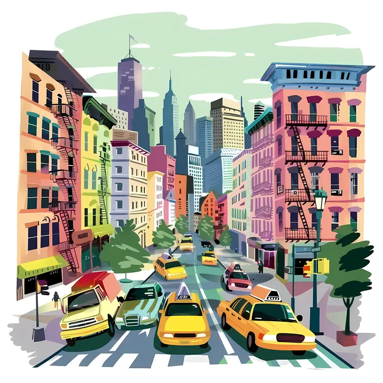 Colorful City Street with Taxis