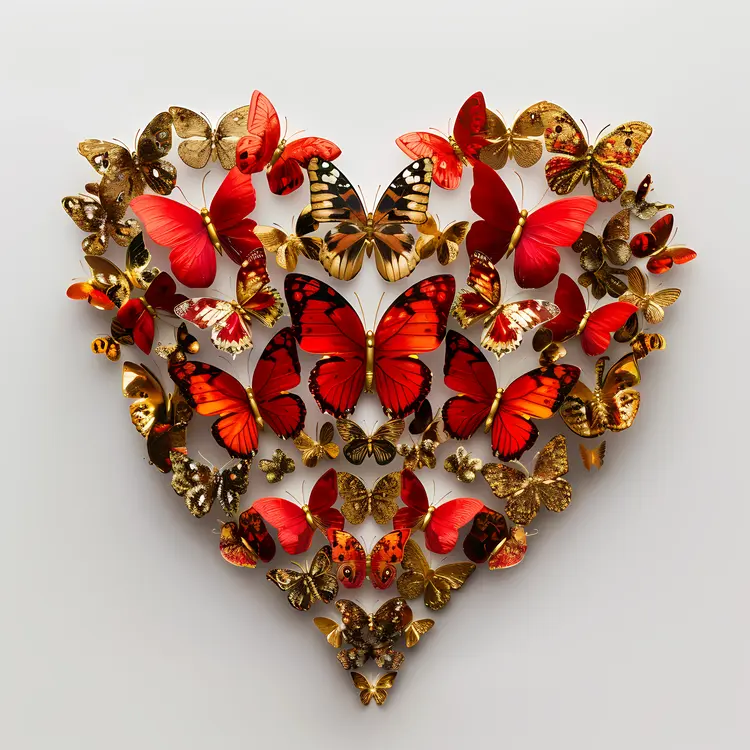 Heart Shape Made of Red and Gold Butterflies