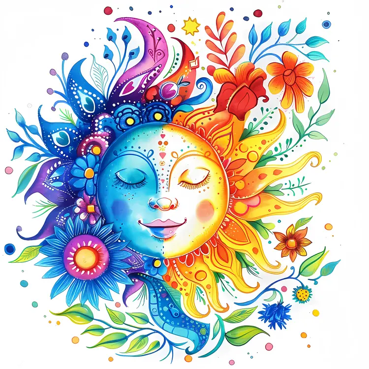 Colorful Sun and Moon with Flowers