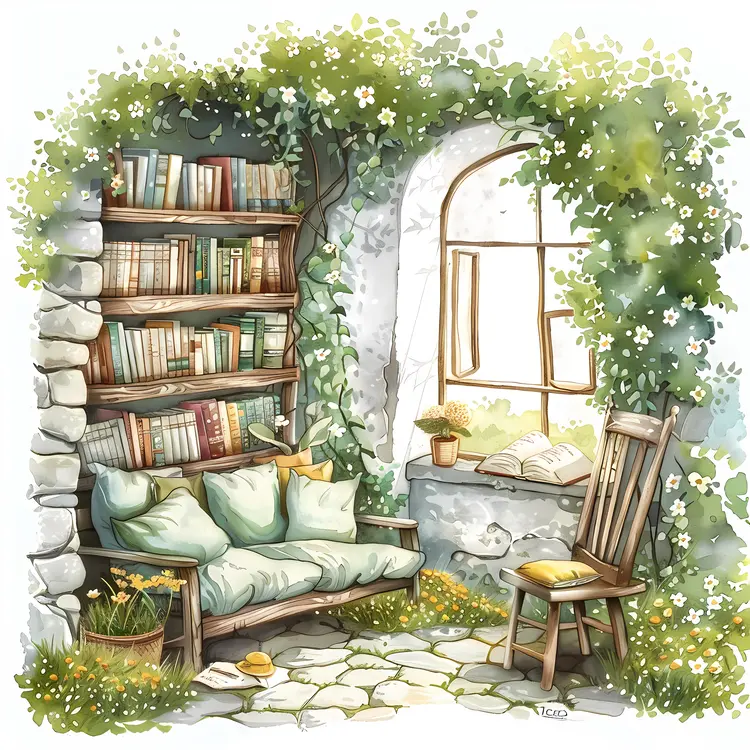 Cozy Garden Library with Cushions