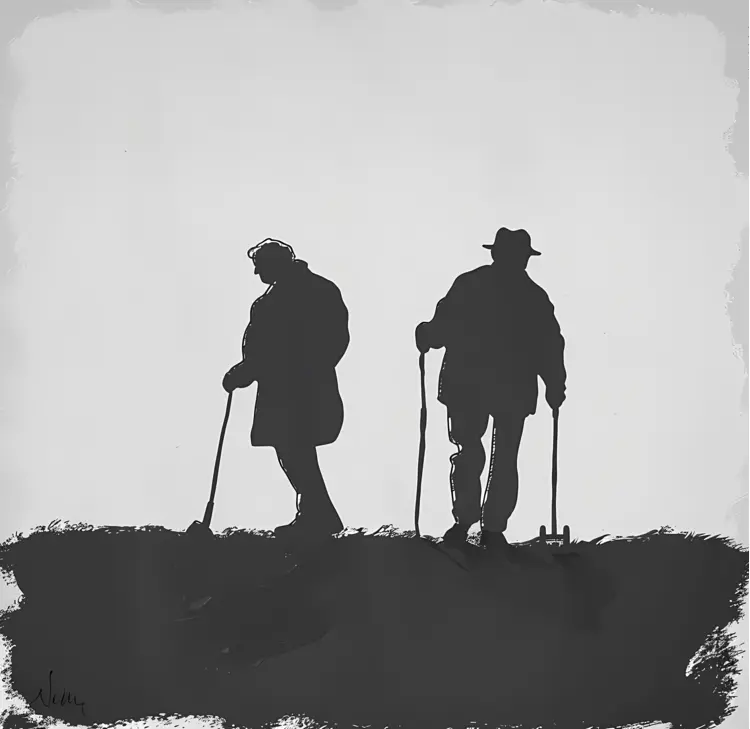 Silhouette of Elderly Couple Walking with Sticks