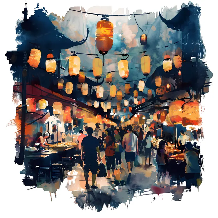 Vibrant Night Market with Lanterns