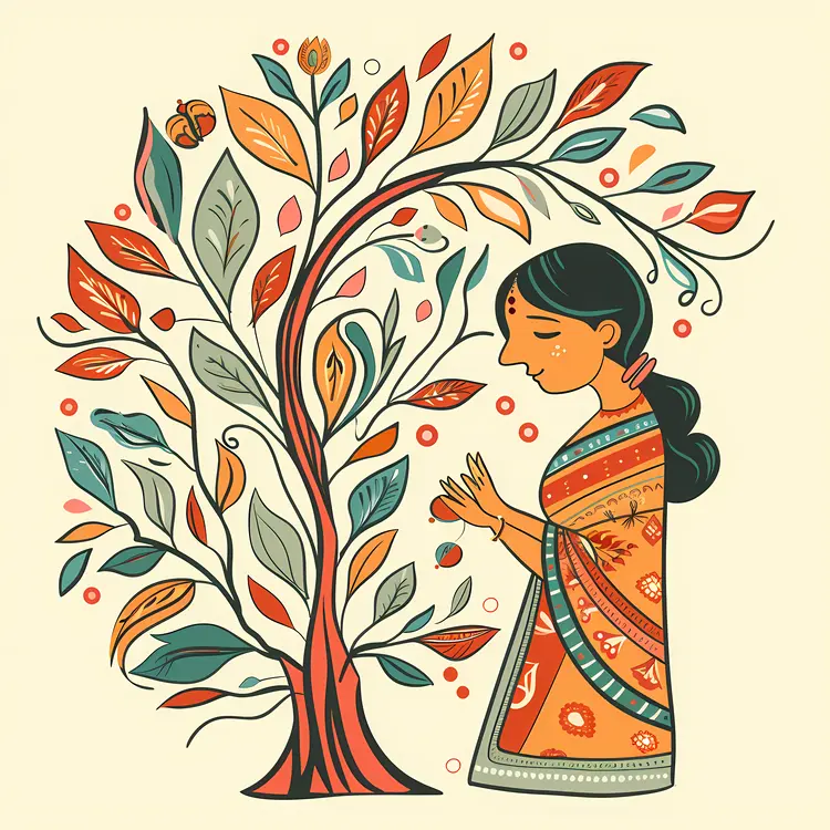 Traditional Woman with Tree Illustration
