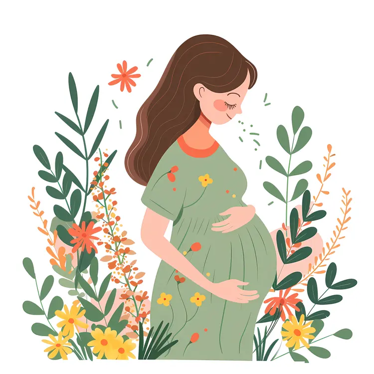 Pregnant Woman in Green Dress with Floral Background