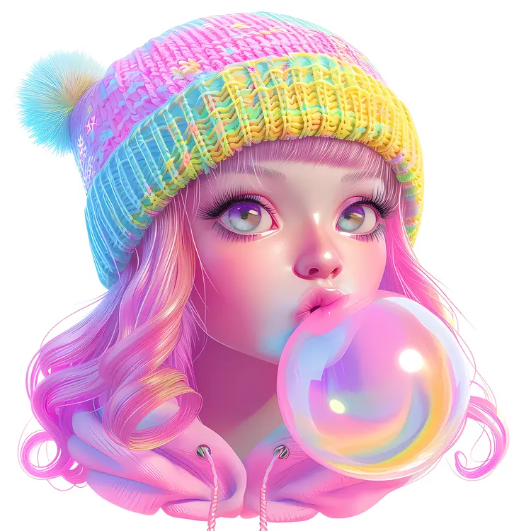 Girl with Beanie Blowing Bubblegum