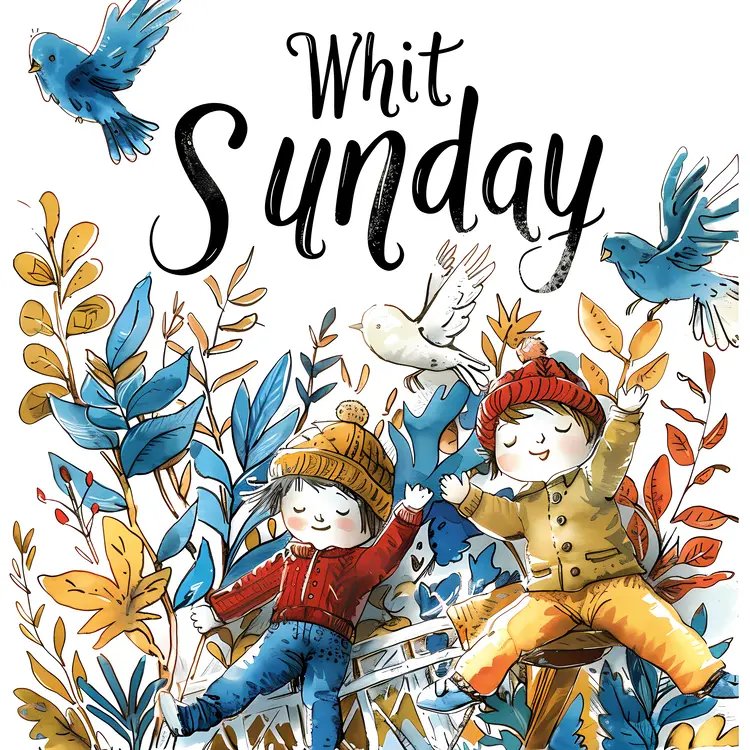 Whit Sunday with Kids and Birds Illustration