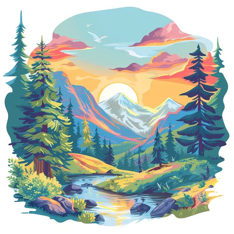 Mountain Landscape with Sunset and River