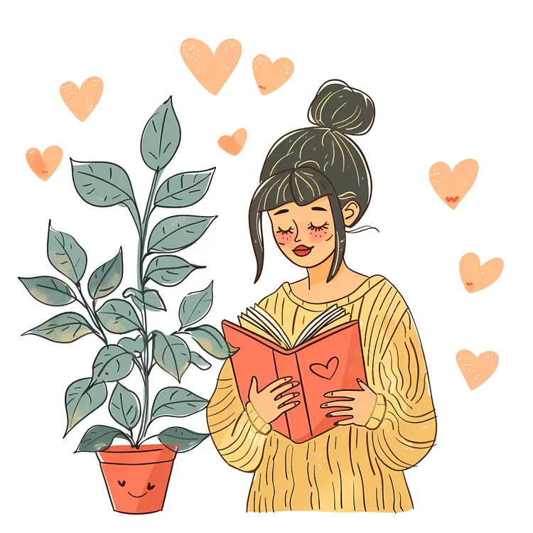 Girl Reading Book with Leaves and Hearts