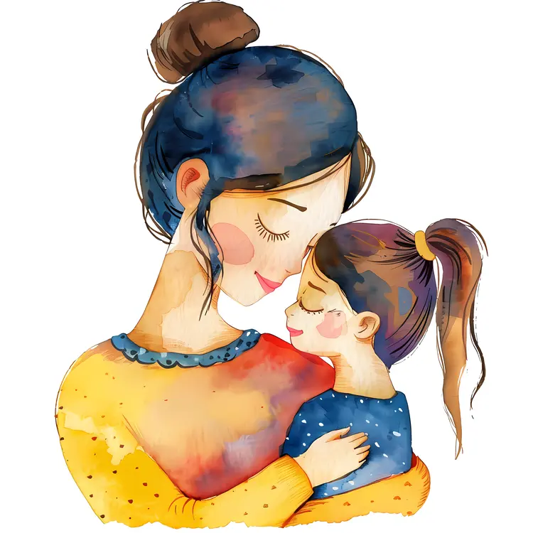 Watercolor Illustration of Mother Hugging Daughter