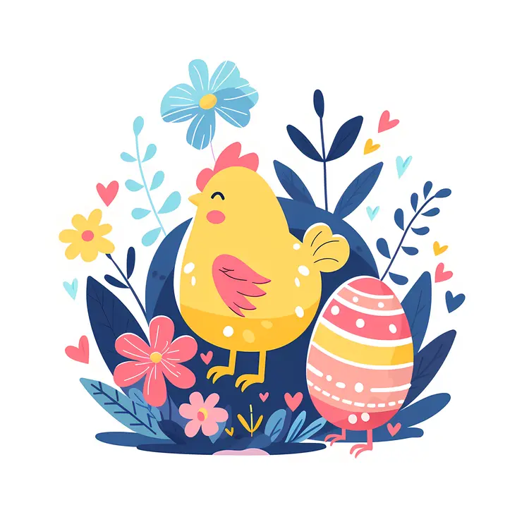 Yellow Chick with Easter Egg and Flowers
