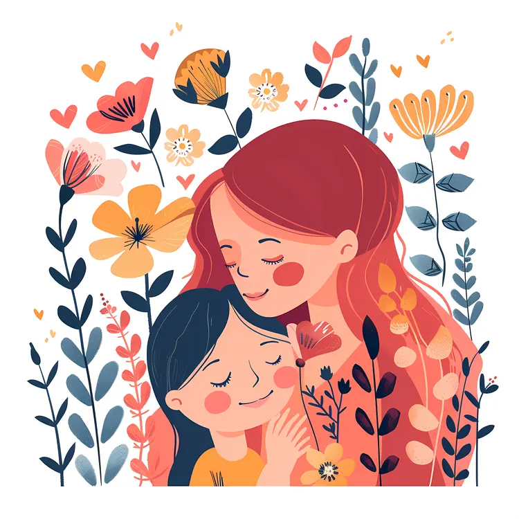 Mother and Child Hugging in Floral Background