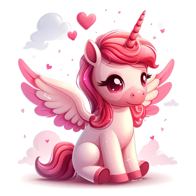Cute Pink Unicorn with Wings and Hearts