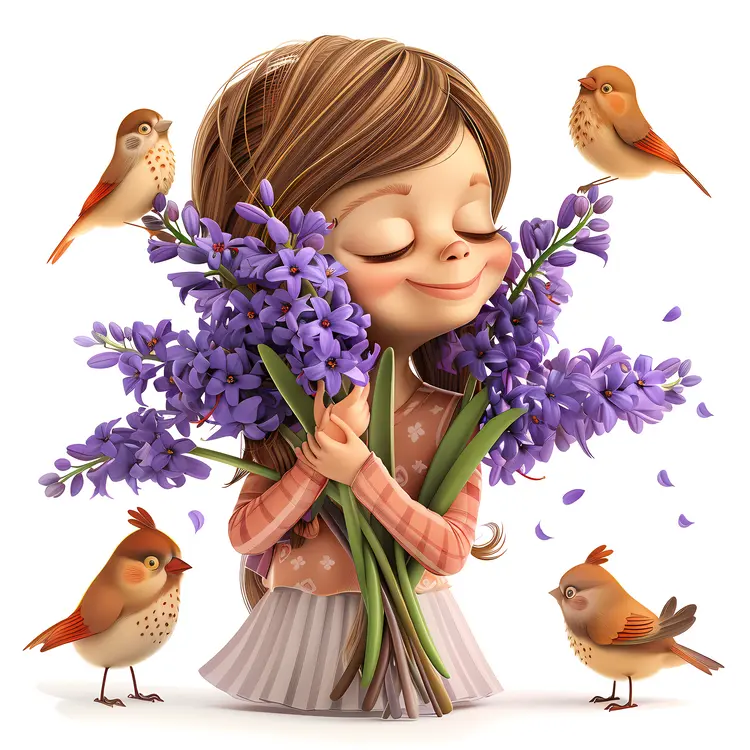 Girl Hugging Lavender with Birds