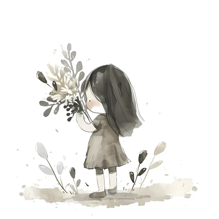 Cute Girl Holding Flowers in Black and White Illustration
